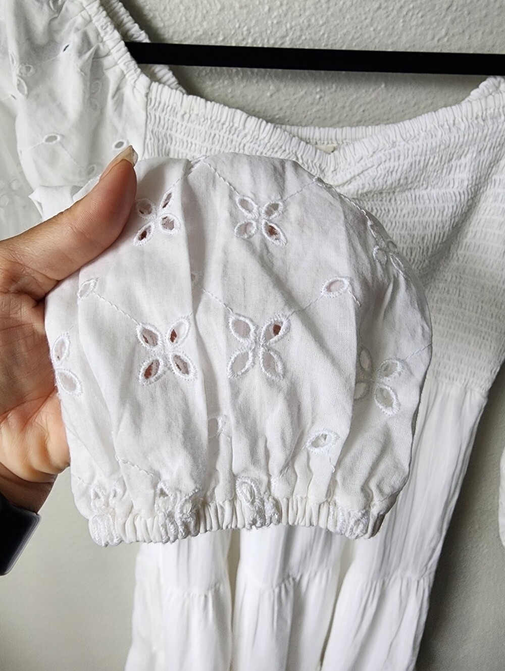 Aerie Smocked Tiered Bodice Eyelet Midi Dress Size Small In White - Picture 5 of 9